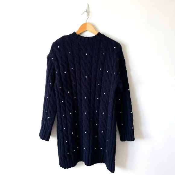 Zara Rhinestone Embellished Fuzzy Knit Sweater Dress Navy Blue Size Small - Picture 2 of 7